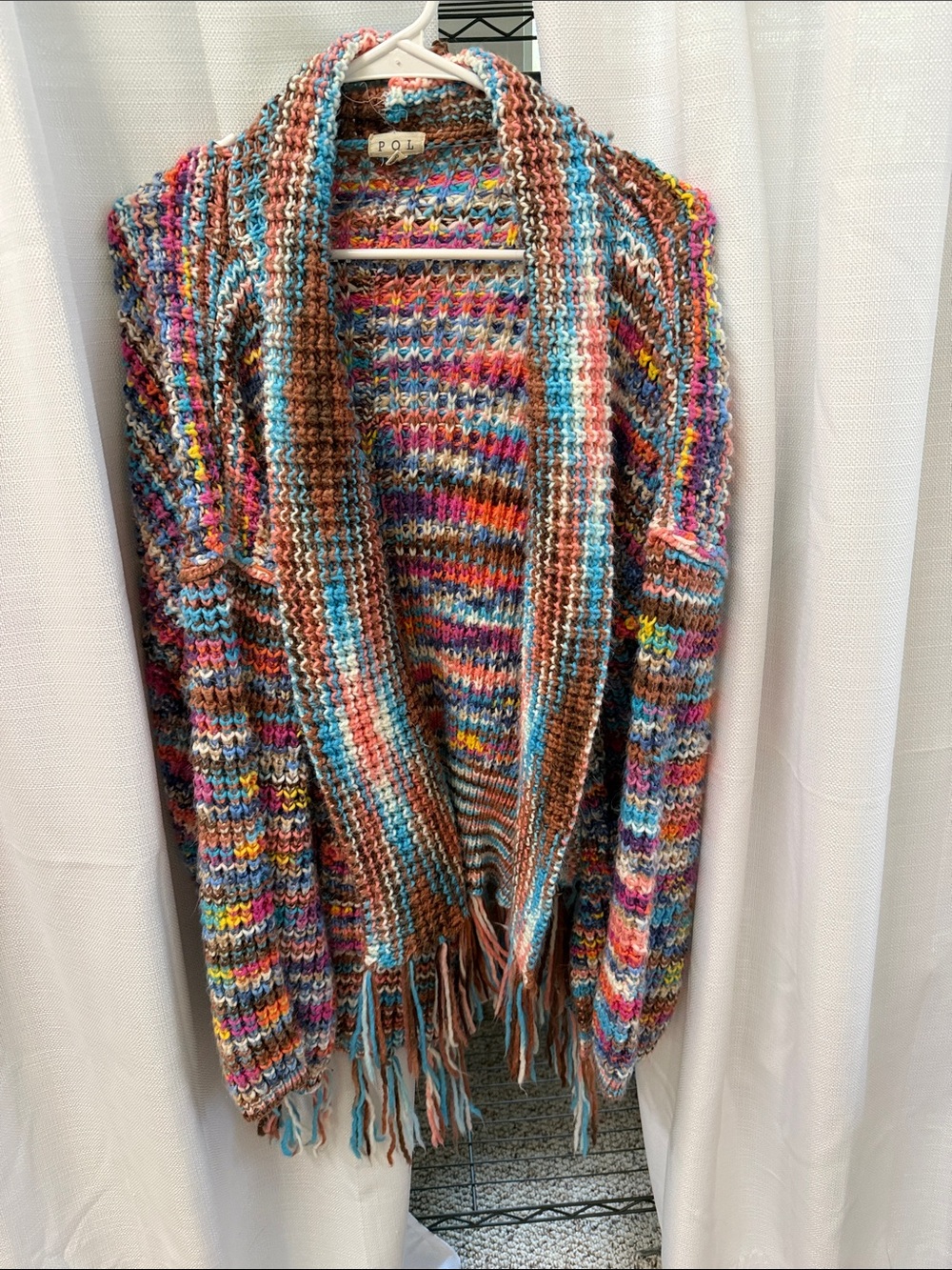 POL Multicolor Open-Front Fringe Knit Sweater Cardigan
